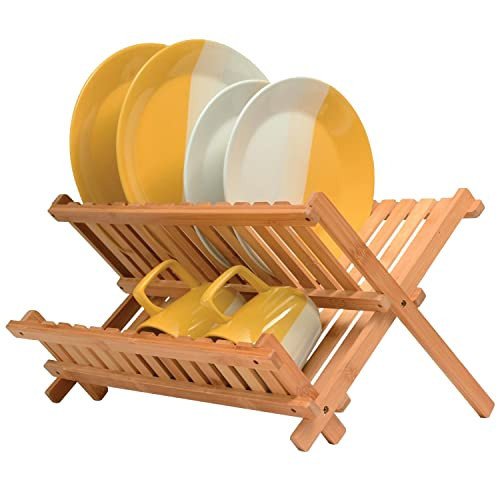 BAMBUSI Dish Drying Rack - Collapsible 2-Tier Bamboo Dish Rack for Kitchen Counter, Wooden Dish Drainer with Foldable Space-Saving Design - Drying Rack for Dishes, Plates, and Cups - Housewarming Gift | Amazon (US)