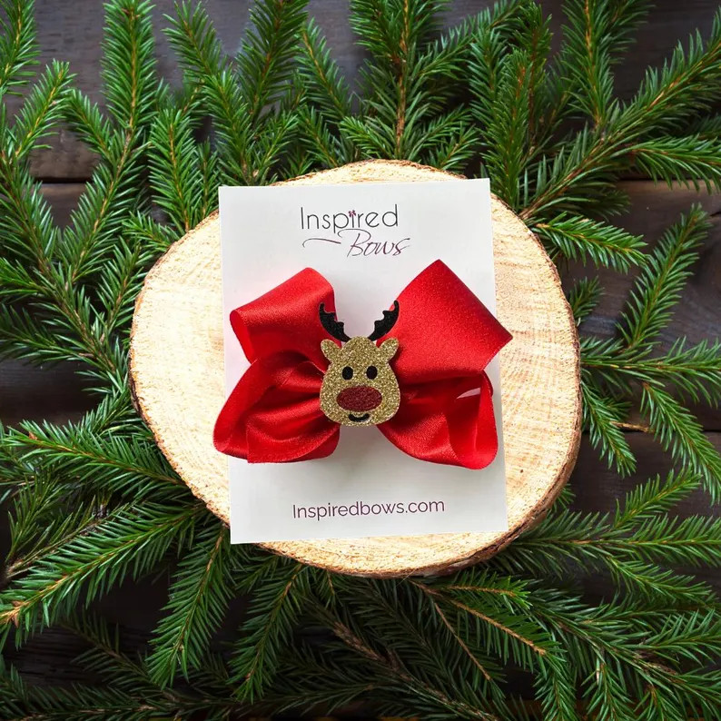 BEST SELLER! Santa or Reindeer Christmas Hair Bows/ Shimmer Glitter Hair Bows/ Ships FREE! - Etsy | Etsy (US)