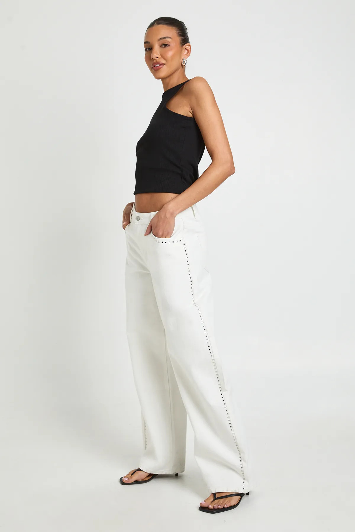 White Studded Mid Waist Barrel Jean | Boohoo USA | boohoo (US & Canada)