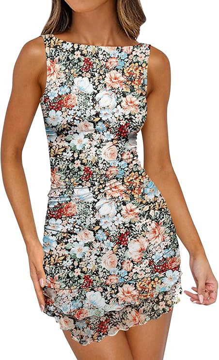 Caracilia Women Sexy Mesh Ruched Mini Dress 2026 Summer Sleeveless Bodycon Boat Neck Club Party C... | Amazon (US)