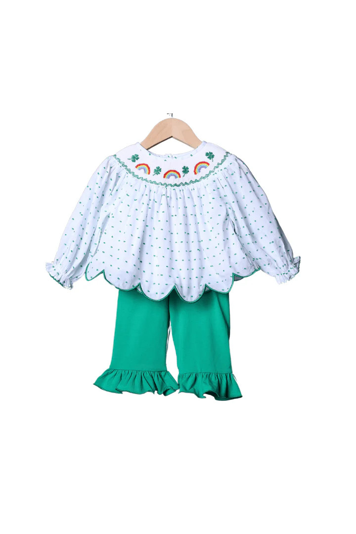 Smocked Lucky Rainbow Swiss Dot Pant Set | The Smocked Flamingo