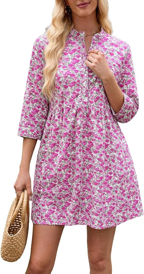 Floral Dress for Women 3/4 Sleeve Button Up Shift Boho Mini Tunic Cotton Shirt Dresses with Pocke... | Amazon (US)