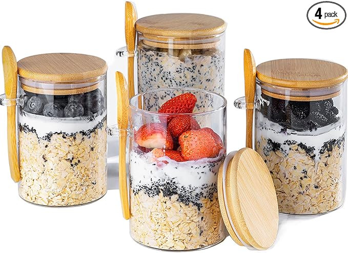 Overnight Oats Containers with Lids,16oz Overnight Oats Jars 4 Pack, Oatmeal Cups,Meal Prep Conta... | Amazon (US)