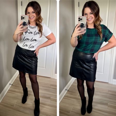 Maurice’s has the cutest faux leather skirt! A graphic holiday tee or something a bit more dressy like a plaid blouse pairs perfectly! 

#LTKstyletip #LTKSeasonal #LTKHoliday