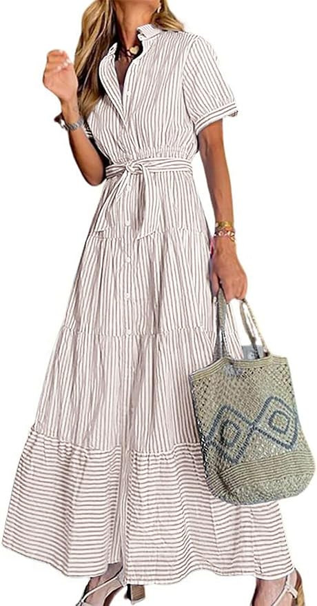 utcoco Womens Casual Short Sleeve Button Down Tie Waist Ruffled Striped Maxi Shirt Dress | Amazon (US)