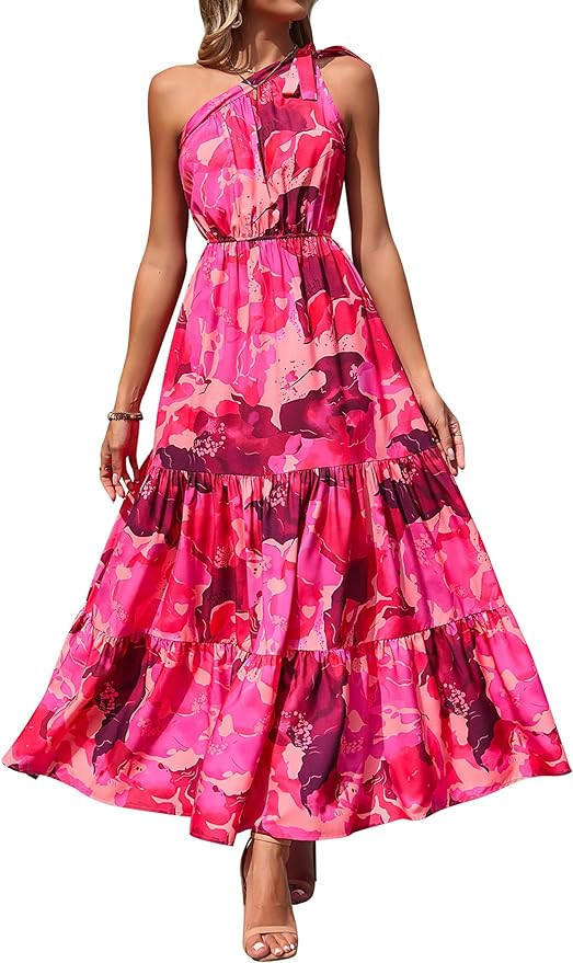 PRETTYGARDEN Women's Summer Floral One Shoulder Maxi Dress Knot Ruffle Boho Beach Vacation Weddin... | Amazon (US)