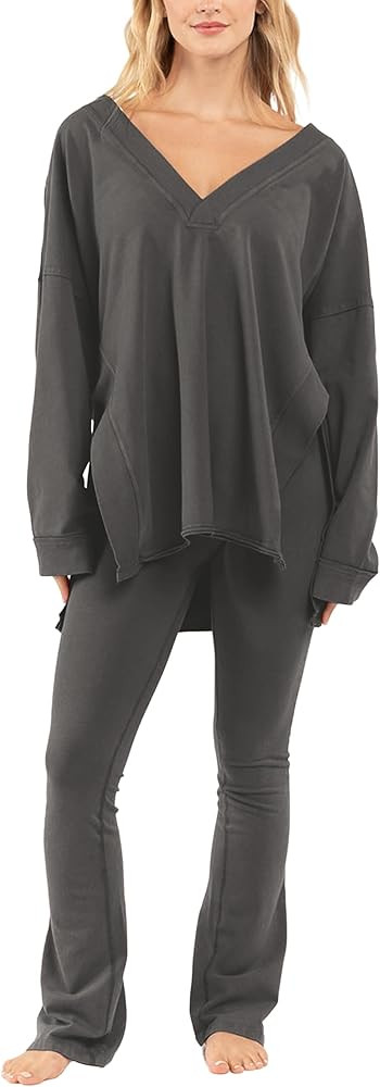 Womens 2 Piece Outfits Oversized T-Shirts and Flare Leggings Lounge Set Hot Shot Long Sleeve Sets | Amazon (US)