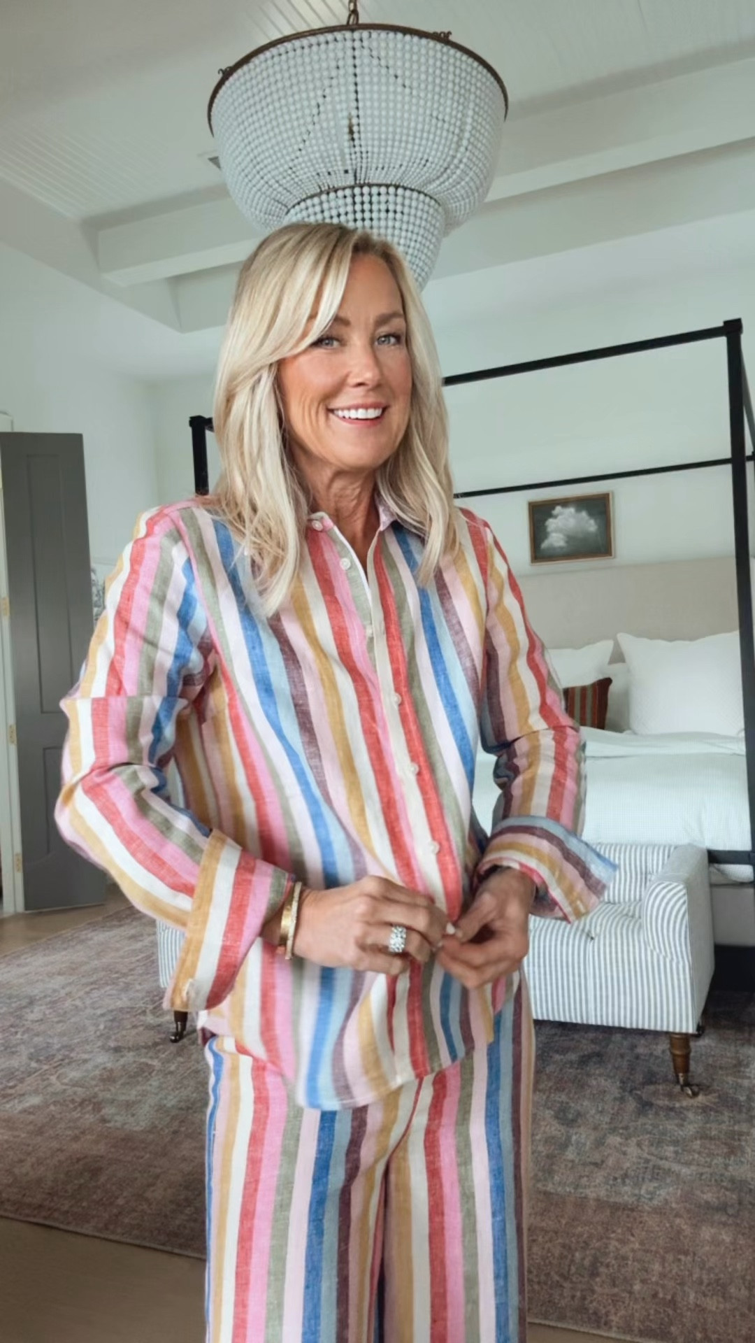 Boden Unboxing | Hi Sugarplum!  

I’m having so much fun with these matching sets! Love a multi color stripe.
Top: 2
Pants: 2P

#LTKSeasonal #LTKOver40 #LTKootd