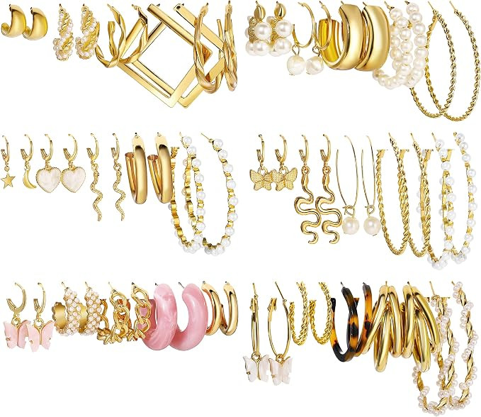 30 Pairs Gold Hoop Earrings Set for Women Girls, Fashion Chain Link Pearl Drop Earrings for women... | Amazon (US)