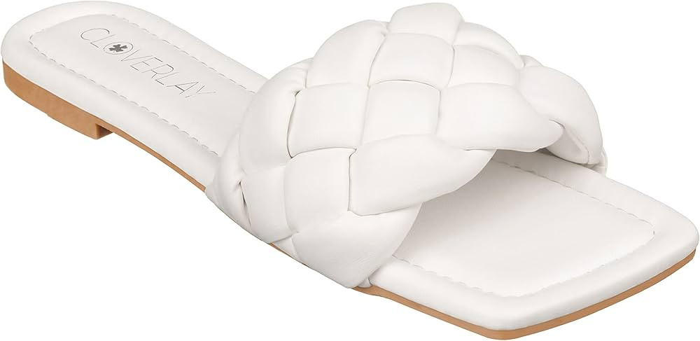 CLOVERLAY Yara Women's Square Open Toe Slides Braided Woven Single Band Slip on Flat Sandals | Amazon (US)