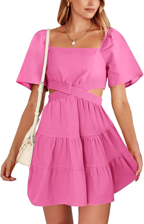 ANRABESS Women Summer Square Neck Short Sleeve Cutout Crossover Waist Casual Party Tiered A-Line ... | Amazon (US)