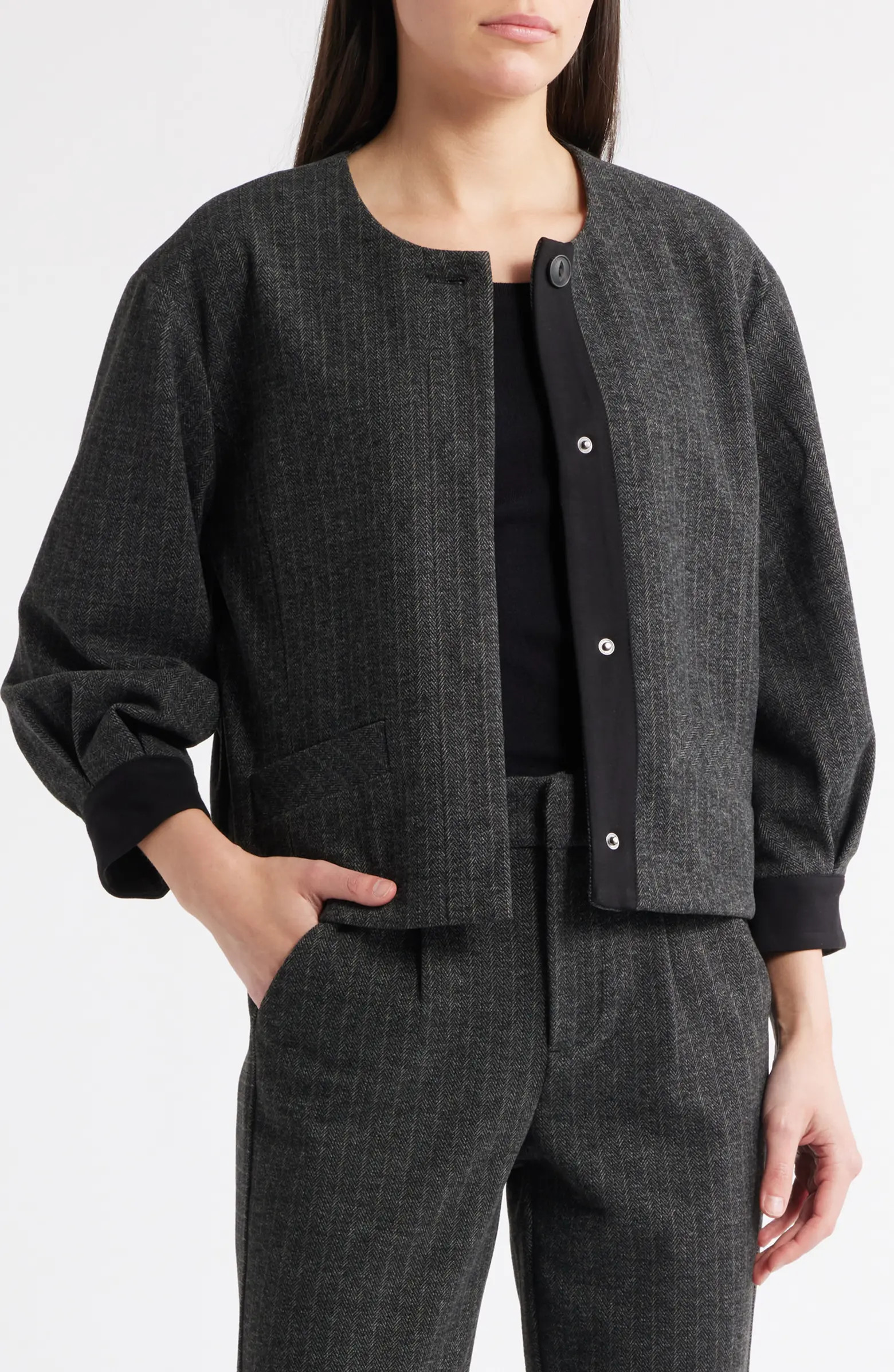 Wit & Wisdom Barrel Sleeve Herringbone Crop Jacket | Nordstrom | Nordstrom