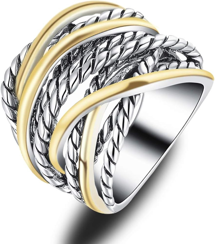 Gold and Silver Statement Rings for Women Wire Intertwined Design 14K Gold Plated Silver Band Rin... | Amazon (US)