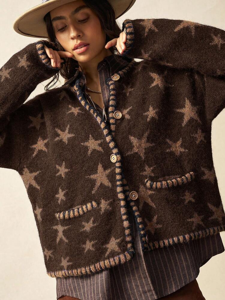 Bohemela Women's Vintage Pentagram Jacquard Hand-Hooked Cardigan, Autumn/Winter Western Woman Attire Brown Cardigan,Fall,Fall Clothes For Women | SHEIN