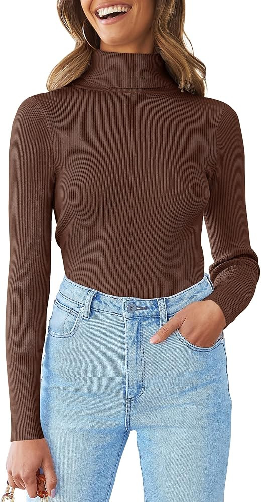 ZESICA Women's 2023 Turtleneck Long Sleeve Knit Shirts Fall Basic Tops Slim Fitted Ribbed Sweater | Amazon (US)