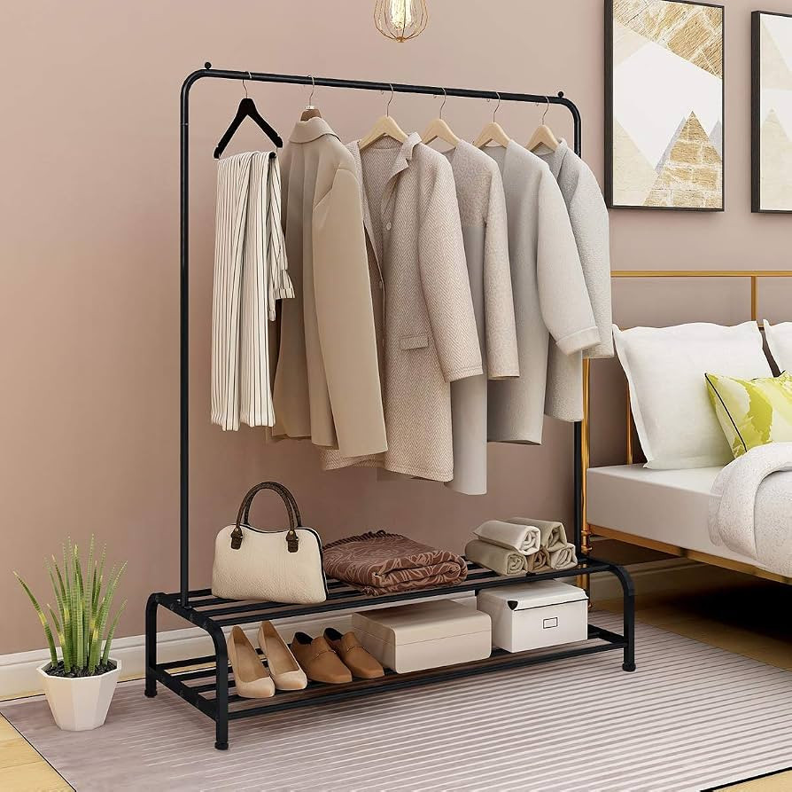 JURMERRY Metal Coat Rail Pipe Hanging Clothes Rail Heavy Duty Storage Shelf 2-Tier Metal with Hom... | Amazon (UK)