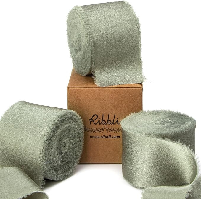 Ribbli Dusty Sage Green Silk Satin Ribbon 1.5 Inch x 30 Yard Handmade Frayed Chiffon Dusty Sage R... | Amazon (US)