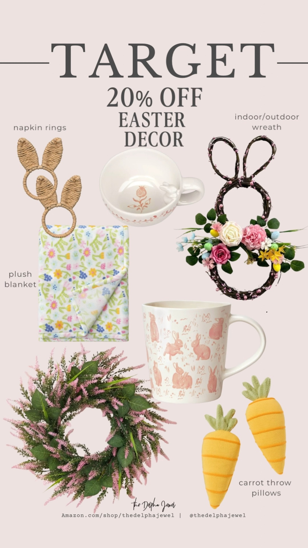 Easter decor 20% off at Target 🐣🐇

Lavender wreath, whimsical bunny wreath, carrot throw pillows, woven bunny napkin rings, Easter bunny tea cup with saucer, stoneware mug, floral plush blanket 

#LTKSaleAlert #LTKHome