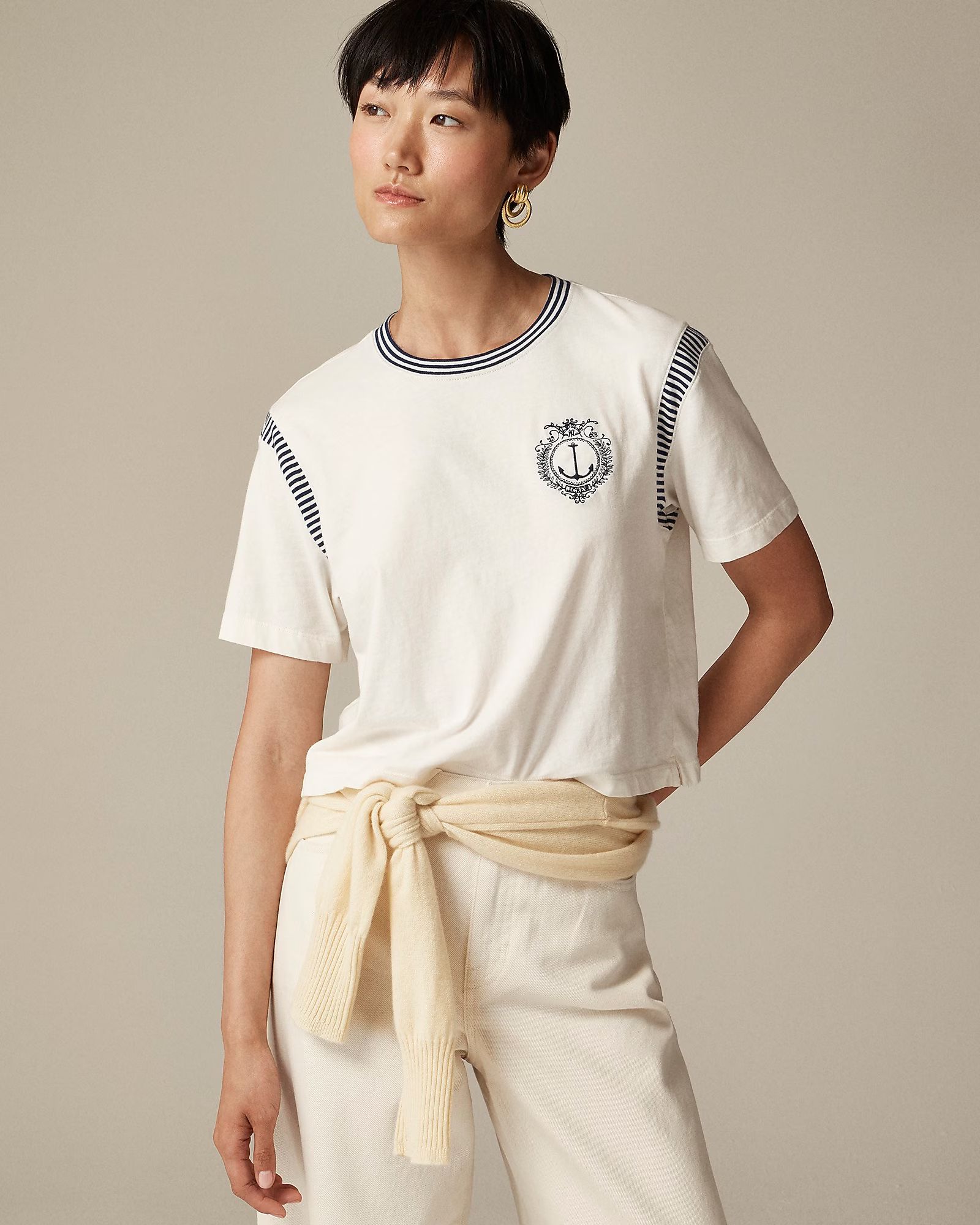 Anchor crest T-shirt with striped trim | J. Crew US