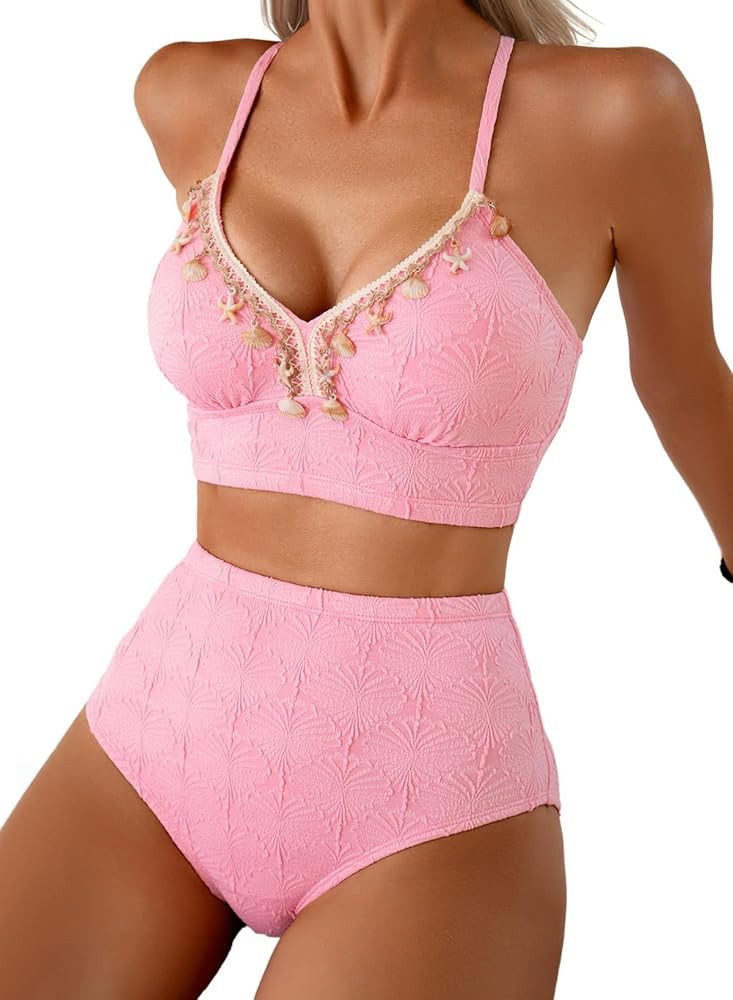 Herseas Women's Seashell Textured Bikini Sets Stitching Ribbon Shell Decoration Swimsuits High Wa... | Amazon (US)