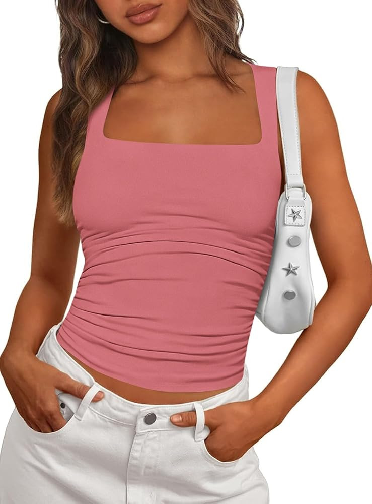 PRETTYGARDEN Tank Tops for Women 2026 Summer Sleeveless Square Neck Double Lined Tops Spring Ruch... | Amazon (US)