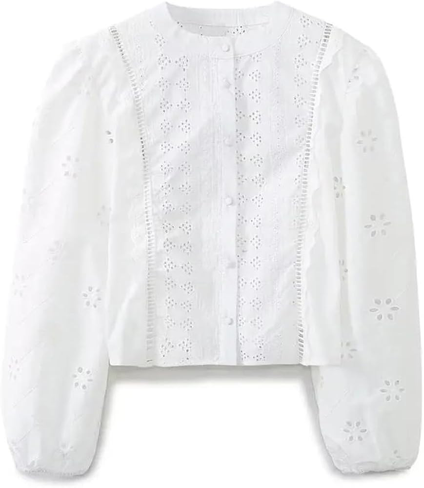 Women Solid Crew Neck Casual Shirts Buttons Long Sleeve Hollow Out Blouses Top | Amazon (US)