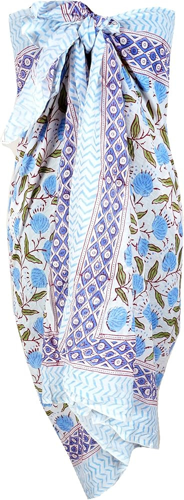 100% Cotton Block Print Sarong - Women's Swimsuit Wrap Cover-Up, Long Beachwear & Resort Apparel | Amazon (US)