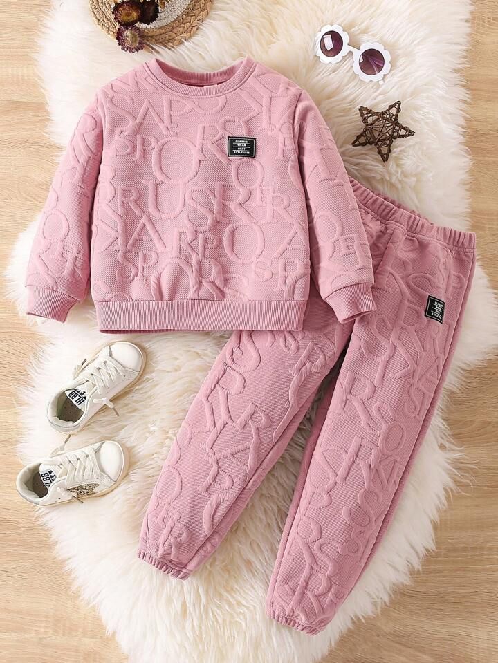 Young Girl 2pcs/Set Casual Alphabet Embroidery Patchwork Round Neck Sweatshirt And Sweatsuit | SHEIN