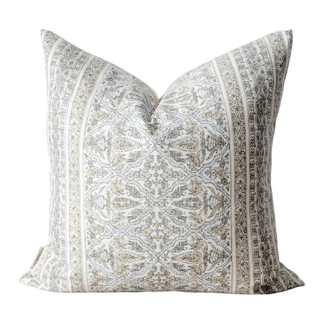 Blue Beige Floral Pillow, Blue Block Print Style Pillow Cover, Neutral Toss Pillow, Popular 18x18... | Etsy (US)