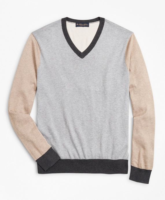 Silk and Cotton Color-Block V-Neck Sweater | Brooks Brothers