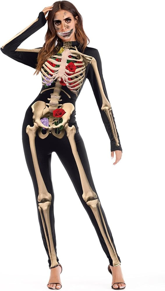 ALBIZIA Women's Skull Skeleton Halloween Costume Jumpsuit Bodysuit Cosplay Bodysuit Outfit | Amazon (US)