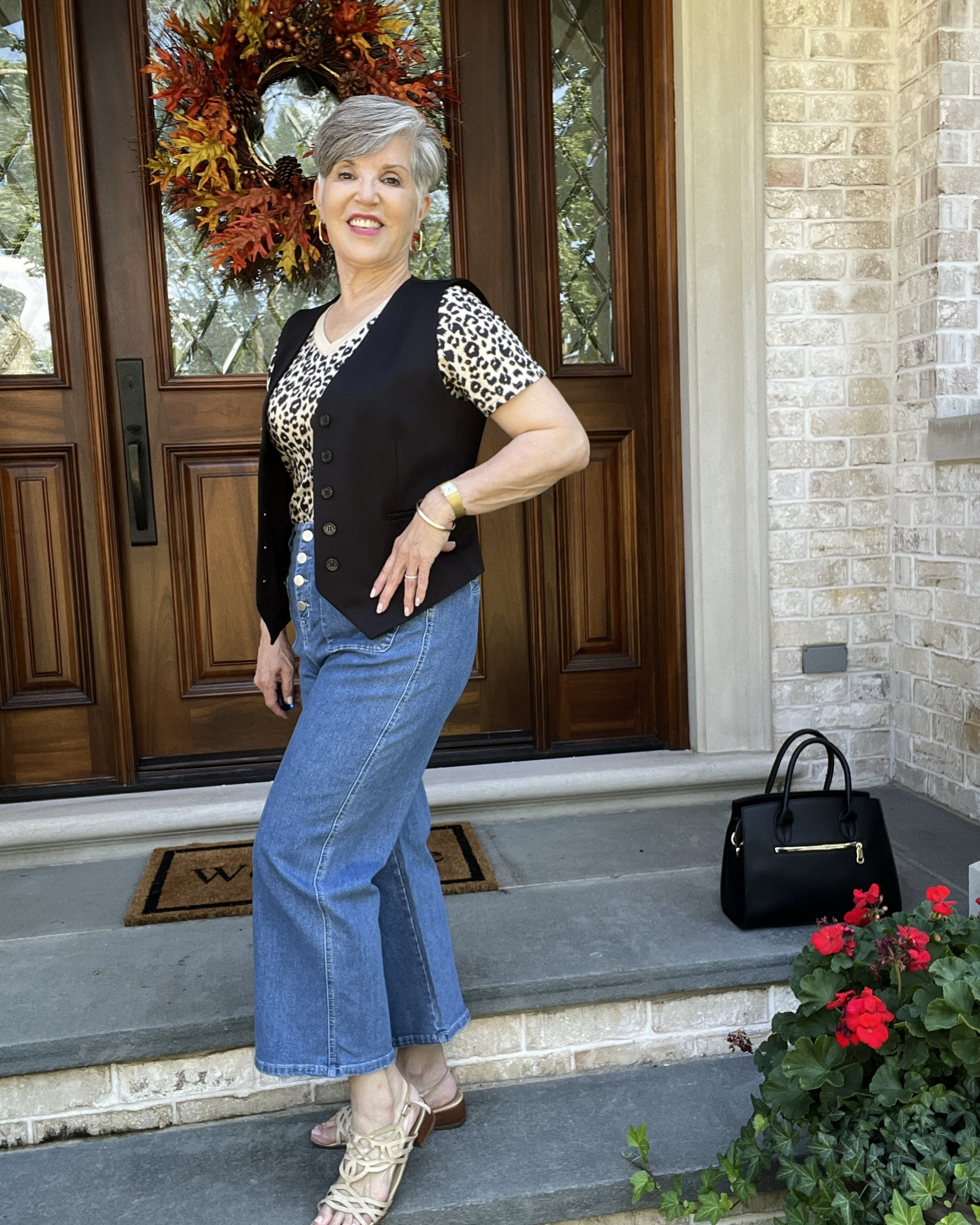 Here’s a great late summer/early fall outfit! Wear the black vest over the leopard 🐆 tee with the cutest high-waisted jeans 👖 that are all great buys! Wear gold accents as in the links below ⬇️ .

#LTKSeasonal #LTKSaleAlert #LTKOver40