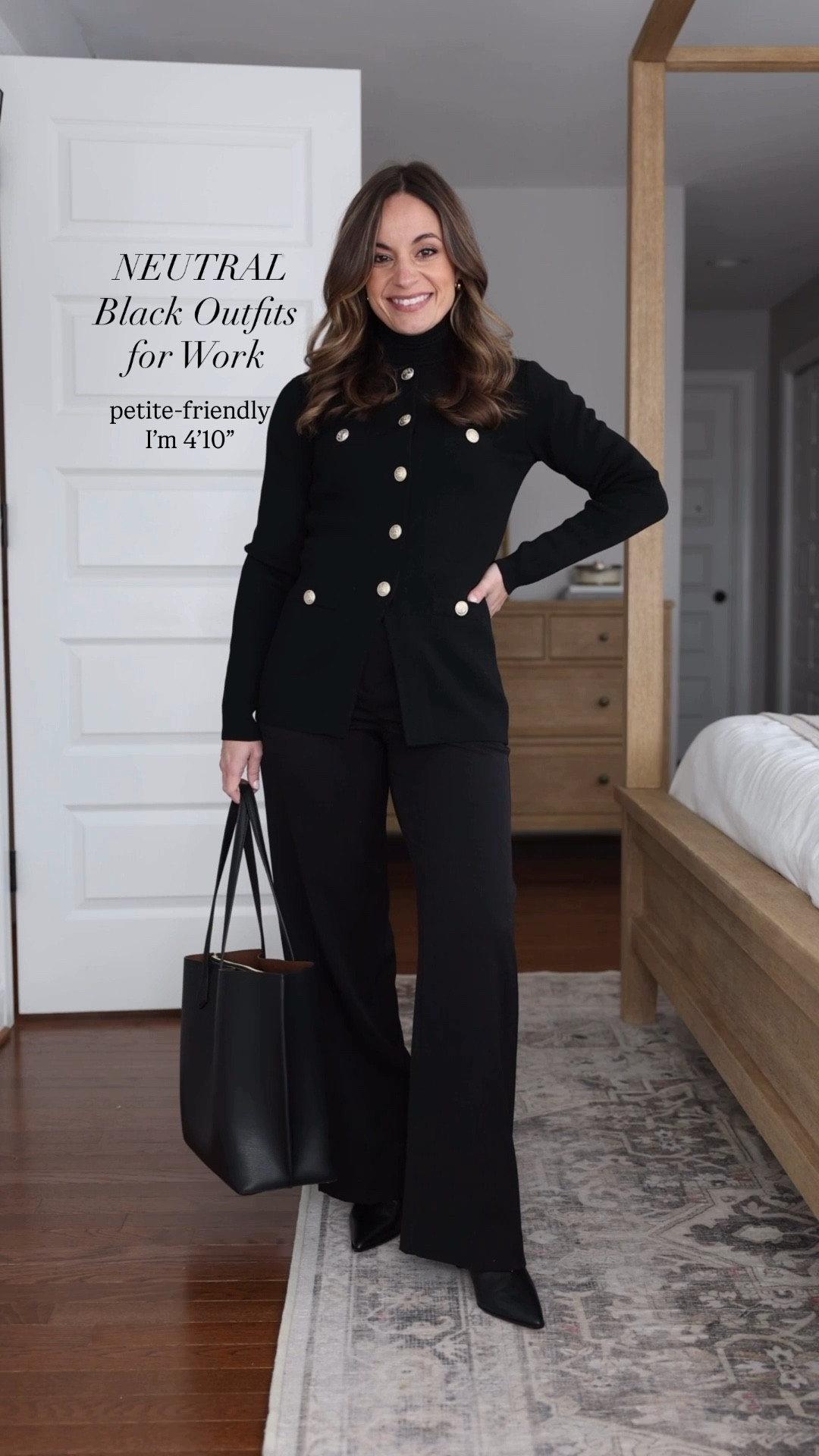 All black outfits for the office! 

A classic go-to that always looks chic. I styled all three with the same pants from Ann Taylor and boots to keep you warm. 

Pants (Ann Taylor): petite 00 - 28.5” inseam, 10” rise (I prefer the curvy fit) 
Cardigan (Ann Taylor): petite xxs 
Turtleneck: linking a similar option 
Coat (Aritzia): xxs short 
Belt (Aritzia) 
Peplum Top (Ann Taylor): petite xxs 
Boots (J.Crew): tts 
Bag (Quince) 

My measurements for reference: I’m 4’10” and 105lbs. My bust, waist, and hip measurement is 32”, 24”, and 36”.

#LTKWorkwear #LTKPetite