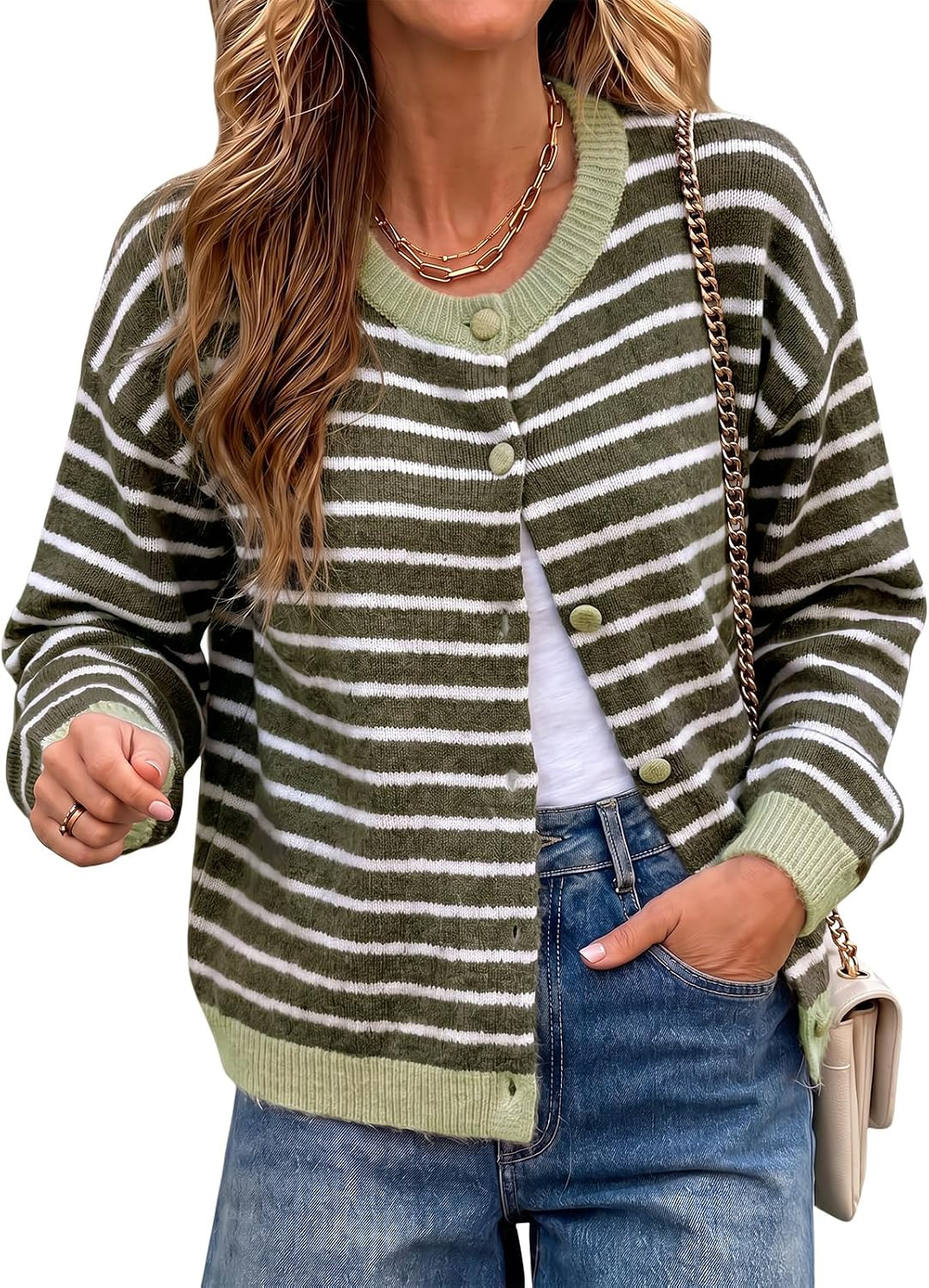 Cicy Bell Women Striped Cardigan Sweater Button Down Crewneck Knitwear | Amazon (US)