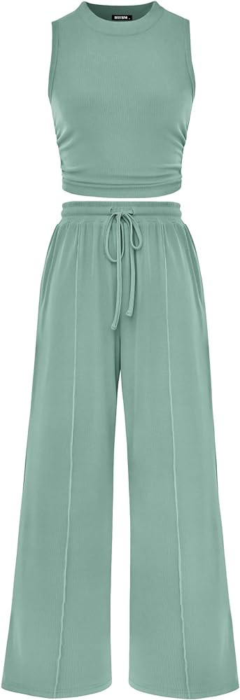 BTFBM Women Summer 2 Piece Outfits Ribbed Knit Crew Neck Sleeveless Cropped Top Elastic Waist Wid... | Amazon (US)