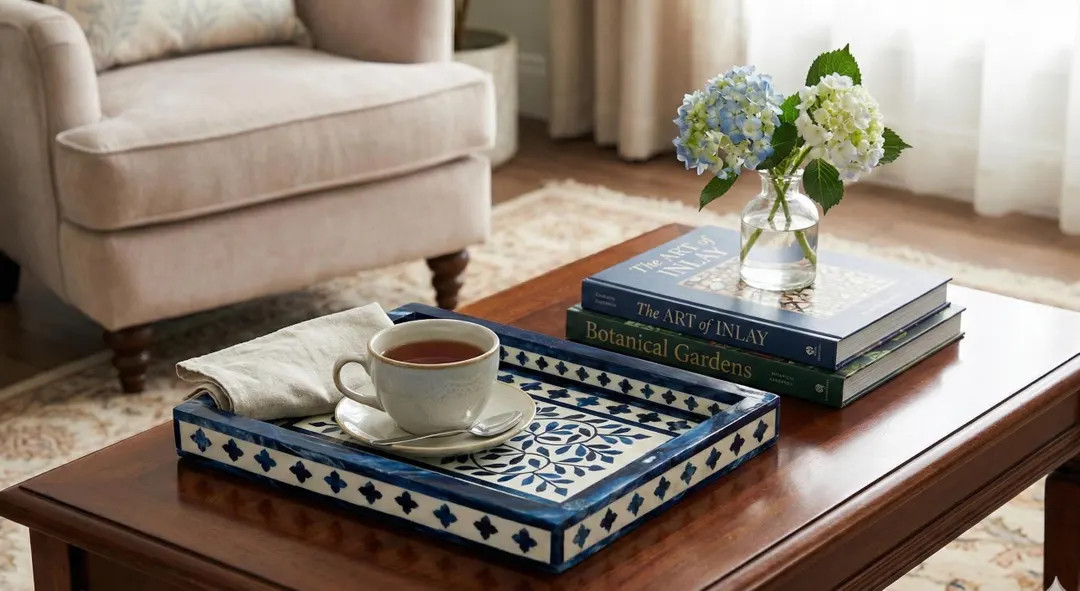 Navy Blue Resin Inlay Decorative Tray – Floral & Geometric Serving Platter for Coffee Table, Ot... | Etsy (US)