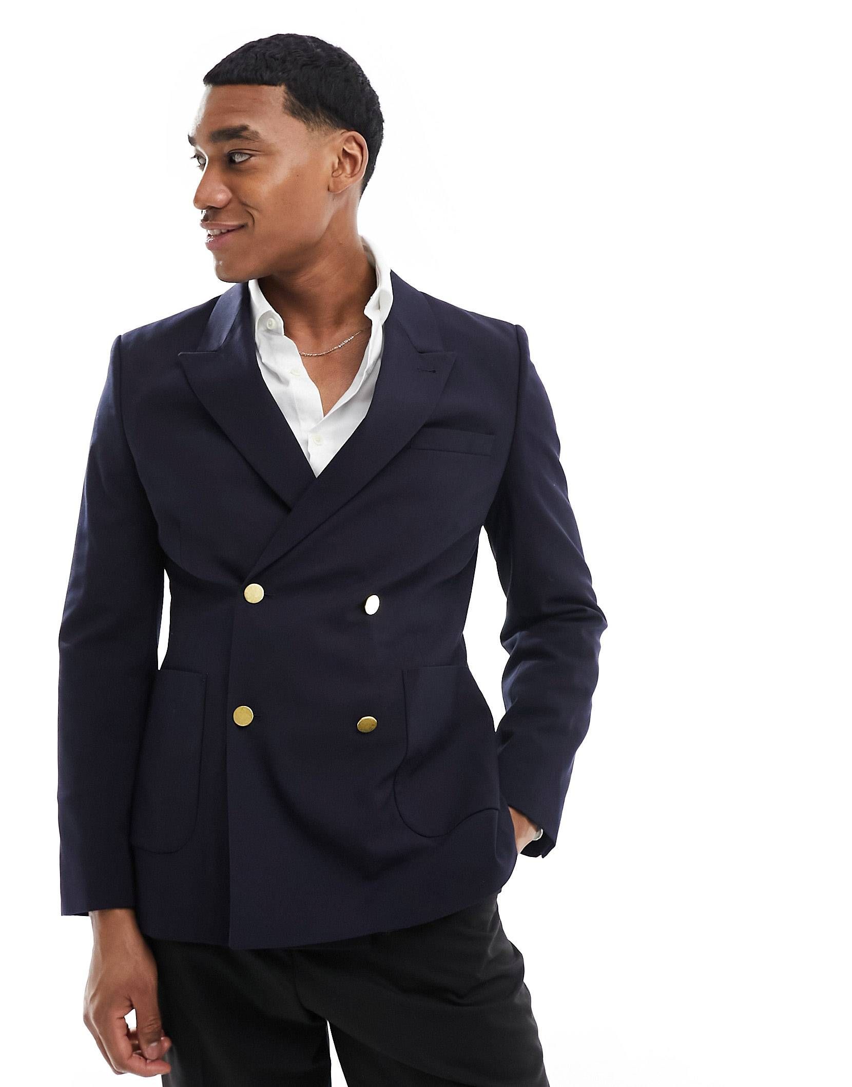 ASOS DESIGN wedding skinny blazer with gold buttons in navy | ASOS (Global)