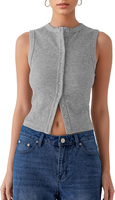 Women’s Button Down Tank Tops Sleeveless Ribbed Crop Summer Button Up Crewneck Vest Shirt Going... | Amazon (US)
