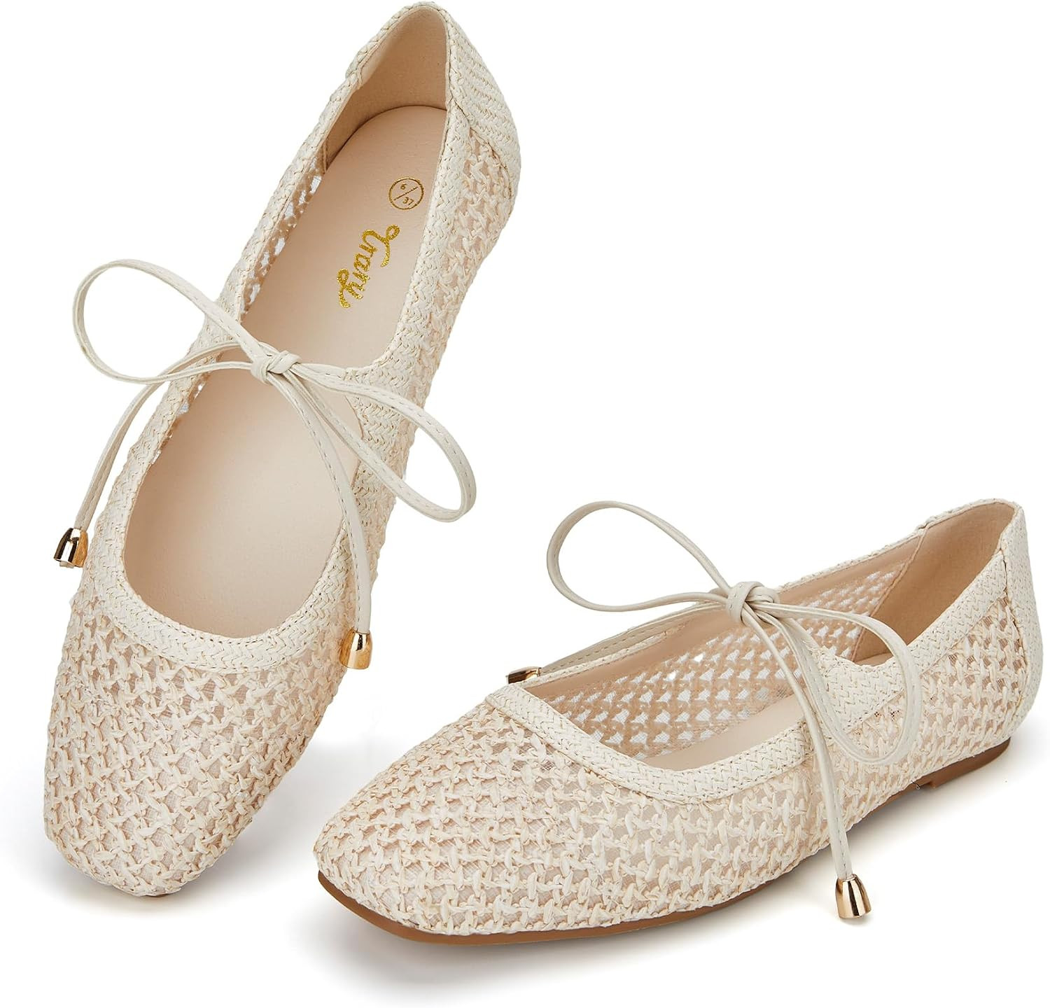 Trary Mary Jane Shoes Women Woven Flats for Women Dressy Ballet Flats Spring Summer Squared Toe Lace Up Mary Jane Flats Shoes | Amazon (US)