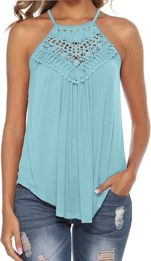 Bluetime Women's Summer Halter Spaghetti Strap Lace Flowy Tank Tops Cami Shirts | Amazon (US)