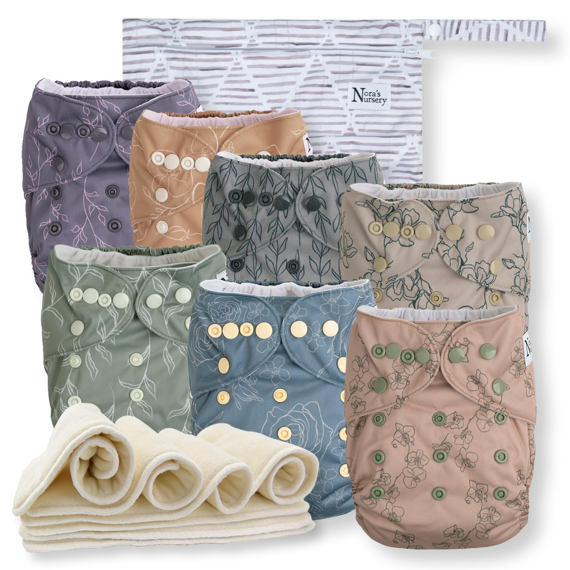 Nora's Nursery Cloth Diapers 7 Pack with 7 Inserts & 1 Wet Bag - Waterproof Cover, Washable, Reus... | Amazon (US)