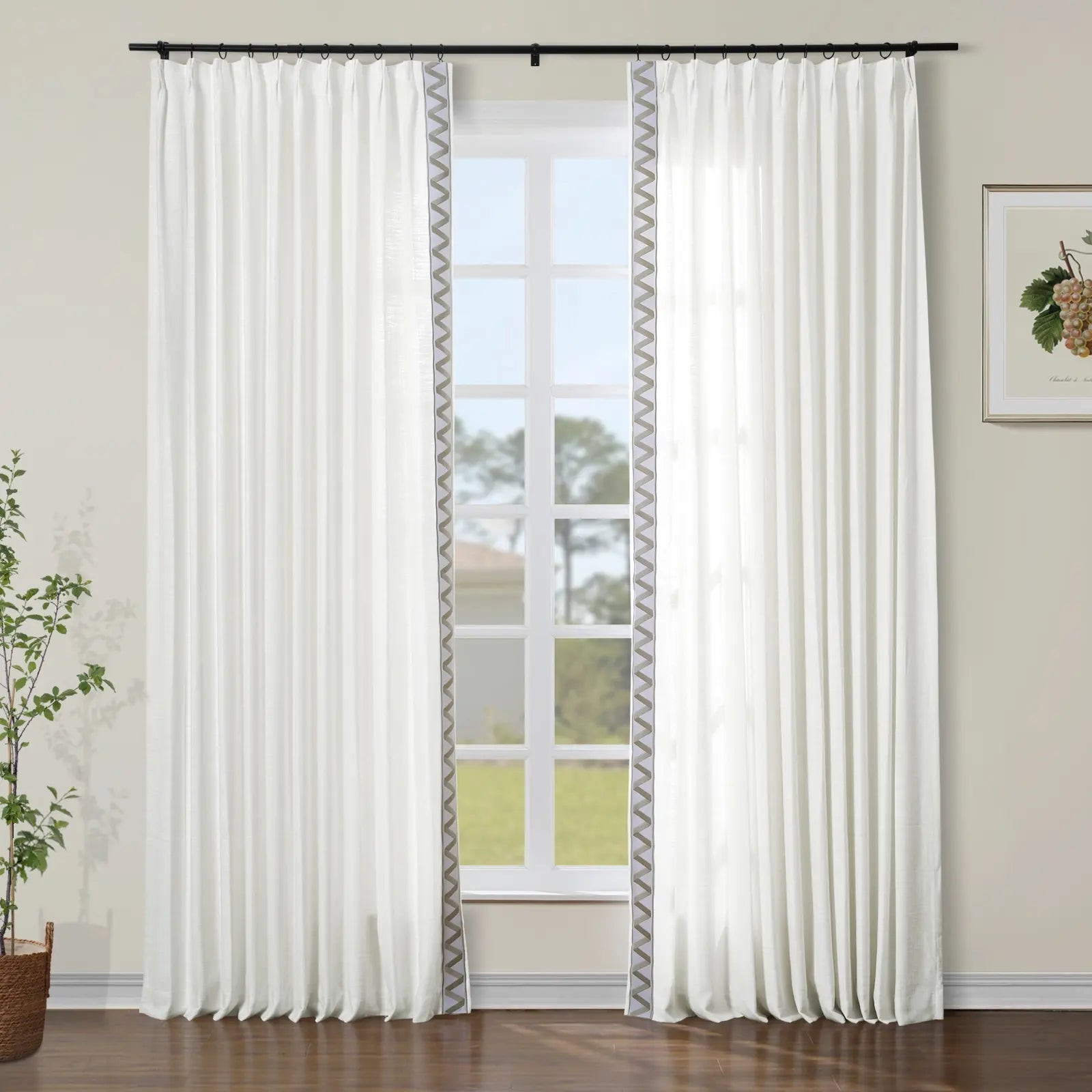Isabella Cotton Curtains with Border Trim (Sold per Pair) - Paper White 7084-0 | TWOPAGES