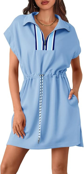 Fisoew Womens Short Sleeve Mini Dress Summer Quarter Zip V Neck Casual Sweatshirt Dresses with Dr... | Amazon (US)