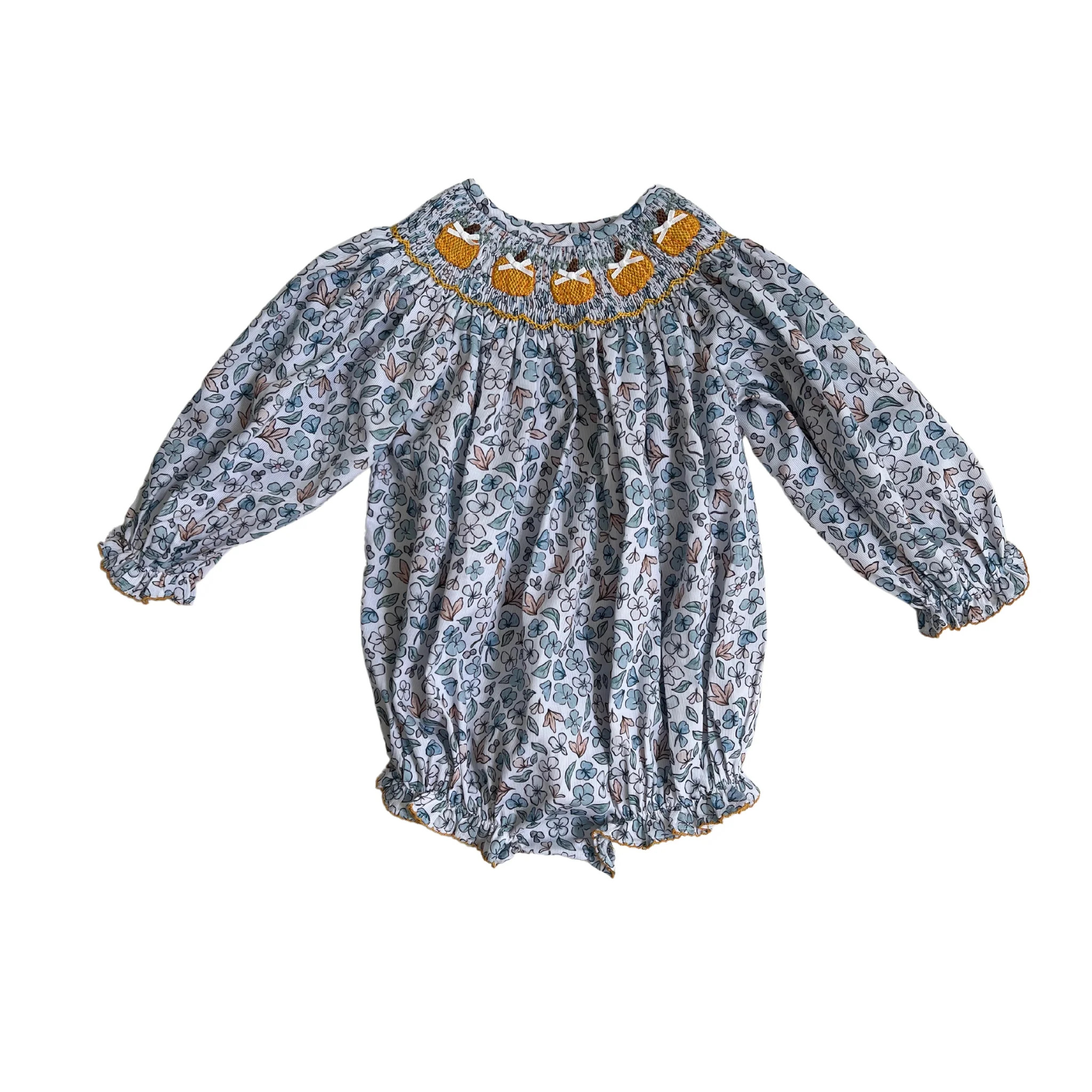 Colette Blue Floral And Pumpkin Smocked Bubble | Lillie & Lilah