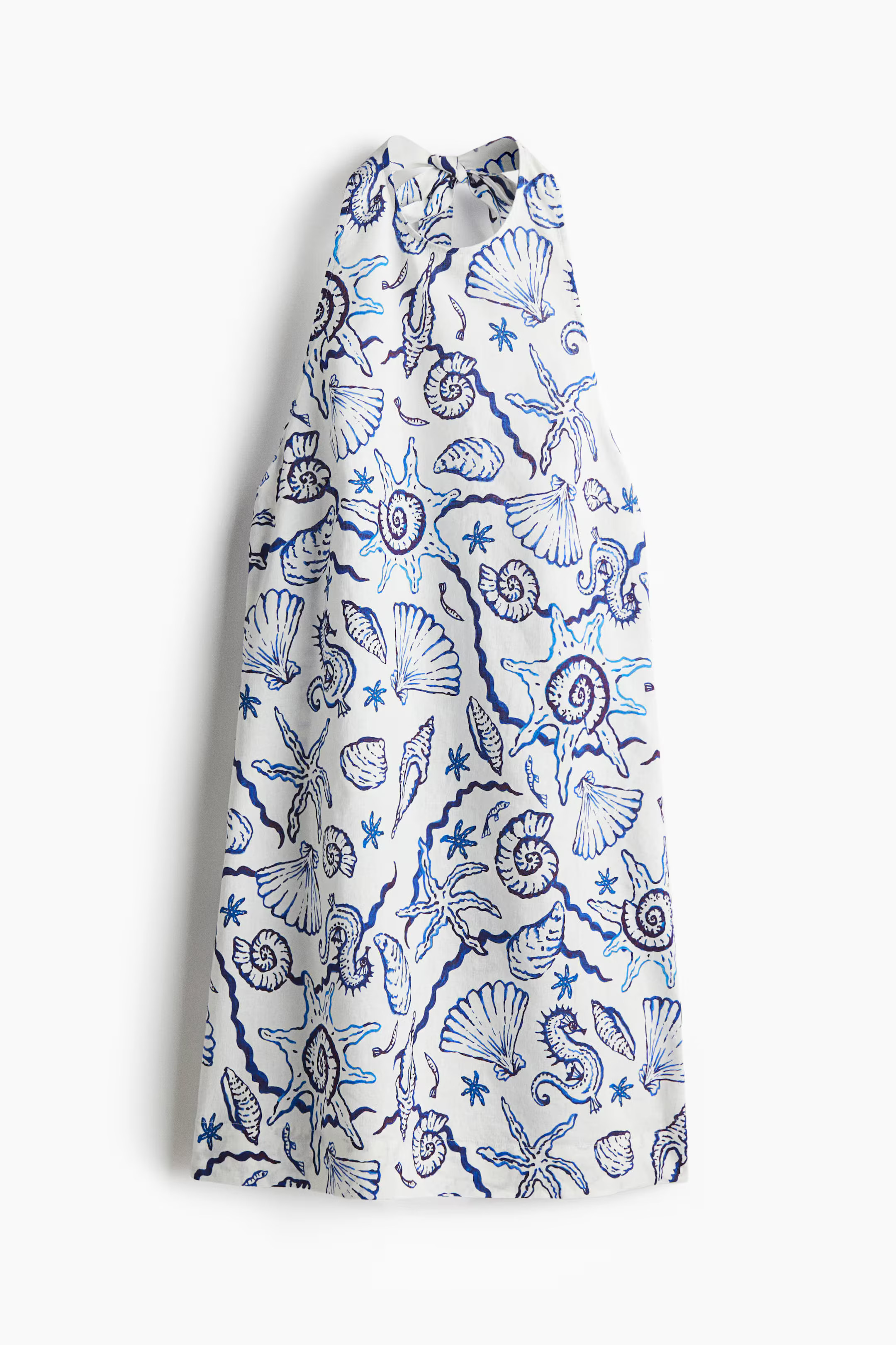 Linen-blend halterneck dress - White/Blue patterned - Ladies | H&M GB | H&M (UK, MY, IN, SG, PH, TW, HK)