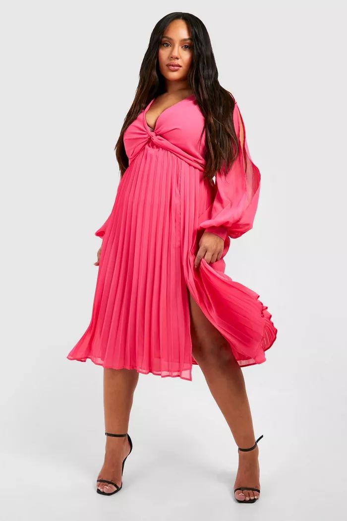 Plus Chiffon Twist Front Pleated Midi Skater Dress | Boohoo.com (UK & IE)