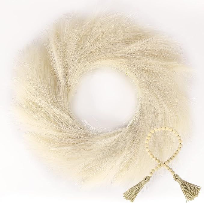 Sntieecr 22 Inch Faux Pampas Grass Wreath with Wood Bead Garland for Home Decor, Artificial Boho ... | Amazon (US)