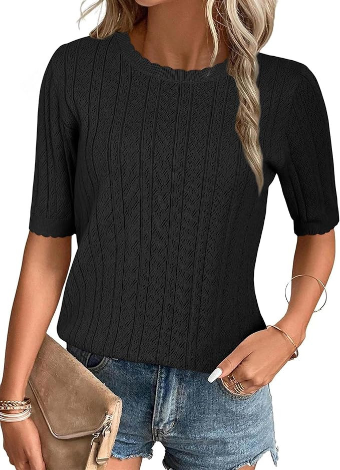 Arach&Cloz Womens Summer Sweater 2025 Spring Tops Short Sleeve Casual Blouses Crewneck Hollow Out... | Amazon (US)