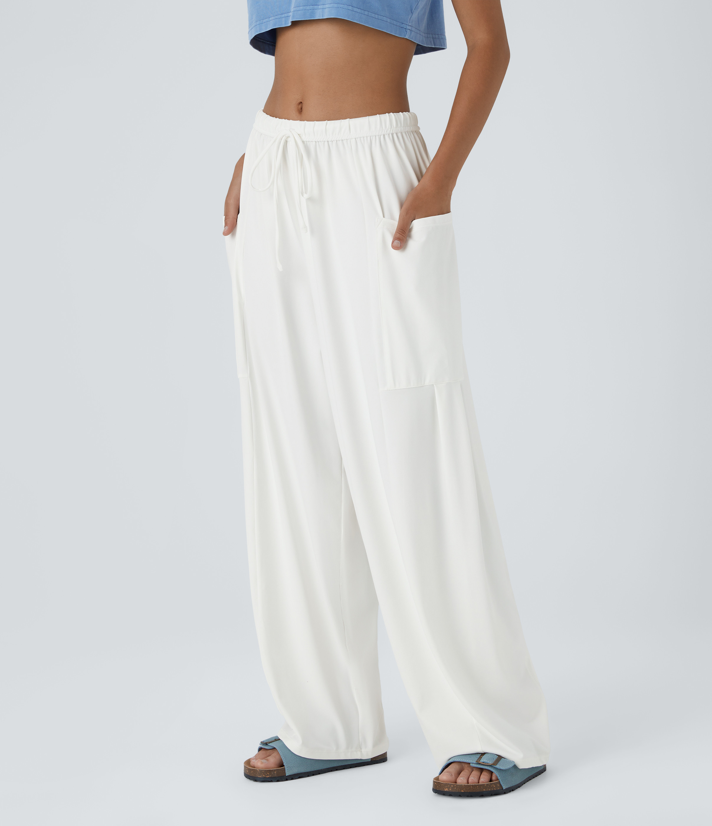 Halara Mid Rise Elastic Waistband Drawstring Pocket Palazzo Flowy Wide Leg Casual Pants - White - XL(regular) sweatpants jogger pants | HALARA