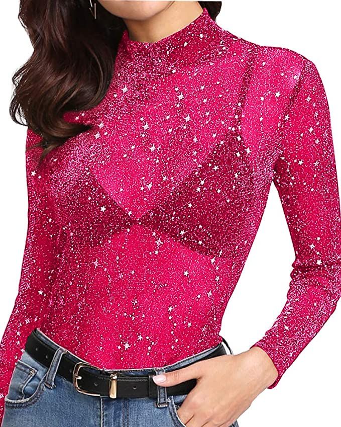 MANGOPOP Women's Long Sleeve Short Sleeve Glitter Sheer Mesh Tops T Shirt Blouse Clubwear | Amazon (US)